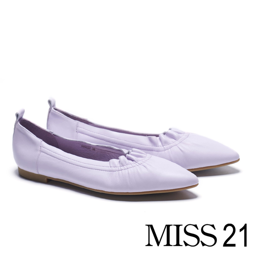 低跟鞋MISS 21 極簡主義可愛抓皺全真皮尖頭低跟鞋－紫