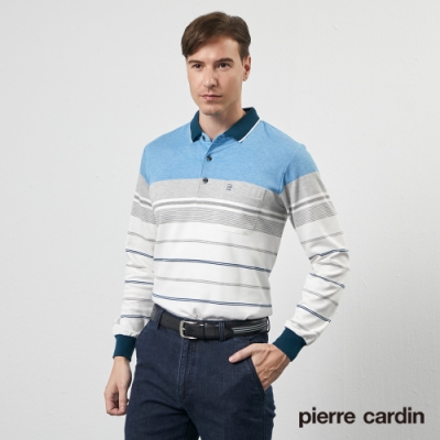 Pierre Cardin皮爾卡登 男款 定位橫條刷毛長袖POLO衫-淺藍(5205282-35)