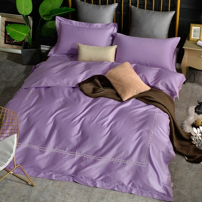 Betrise長春紫 純色系列 加大 頂級300織精梳長絨棉素色刺繡四件式被套床包組