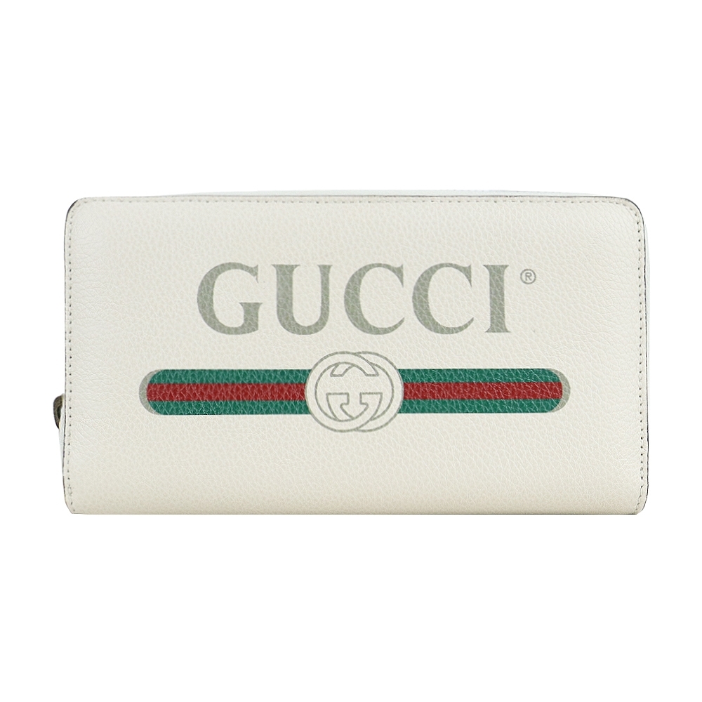 GUCCI PRINT系列LOGO紅綠織帶標誌小牛皮拉鍊長夾(白)