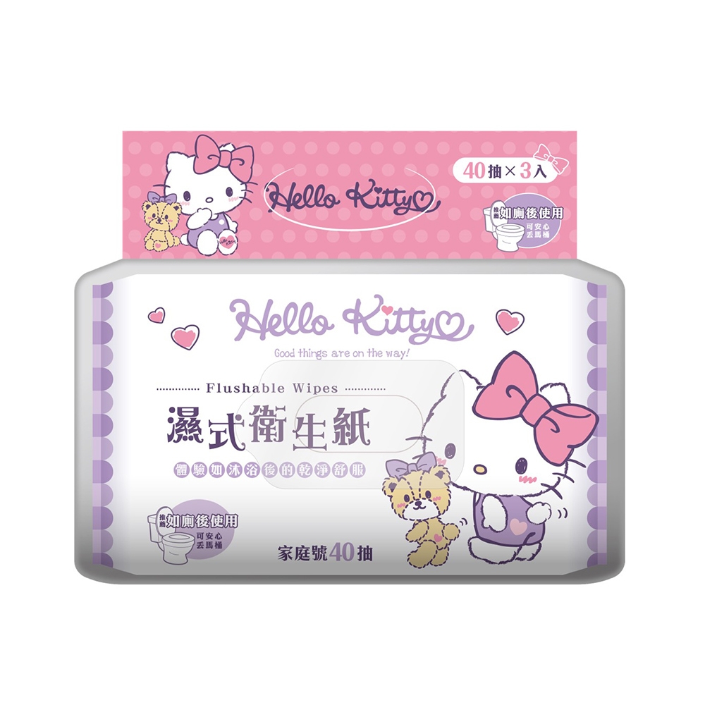 Hello Kitty 凱蒂貓 溼式衛生紙 40 抽 X 18 包 家庭號組合包 可安心丟馬桶 弱酸性配方適合特殊護理