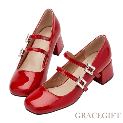 【Grace Gift】甜美水鑽雙帶中跟瑪莉珍鞋 紅漆