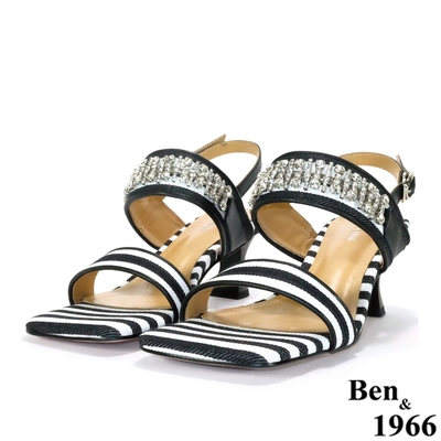 Ben&1966高級丹寧布水鑽條紋低跟涼鞋-黑(216321)