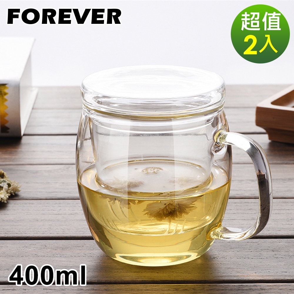 日本FOREVER 耐熱玻璃把手馬克杯/茶具-2入組(附玻璃濾網)400ML