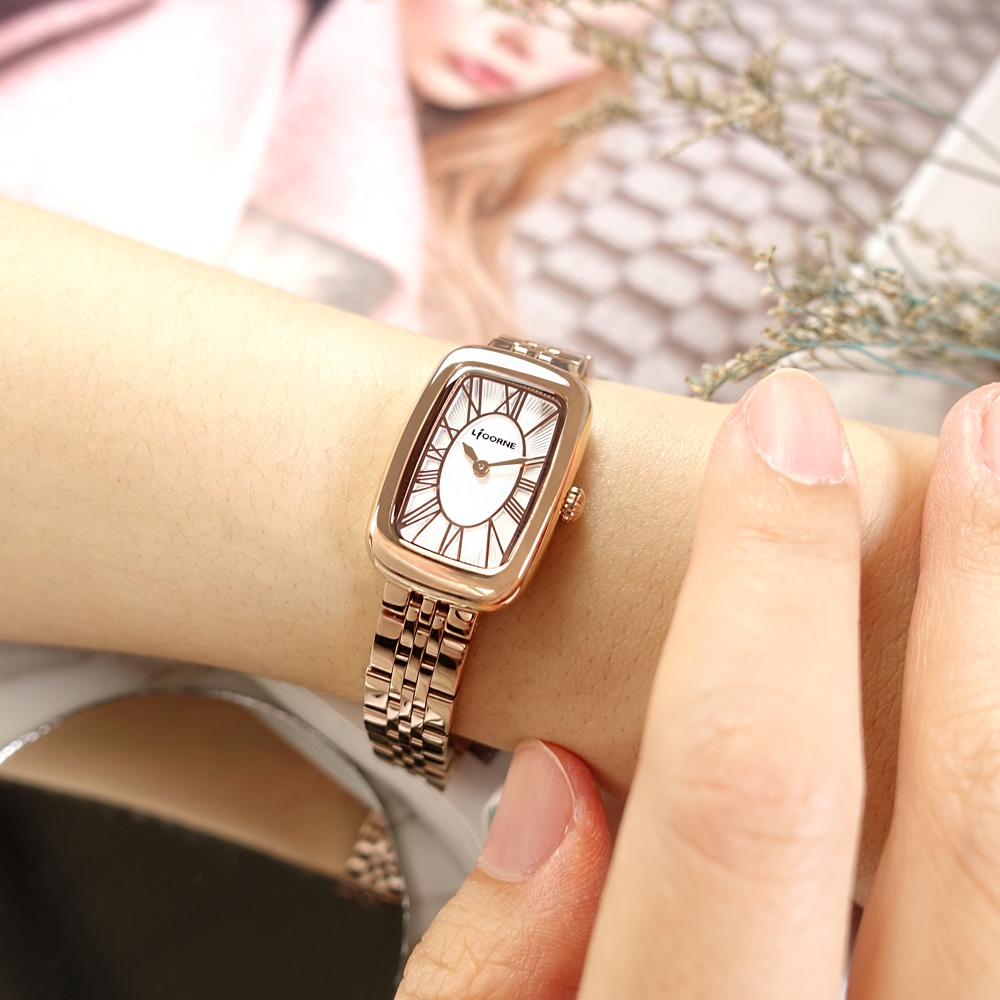 LICORNE 力抗 優雅迷人 復古方形 羅馬刻度 不鏽鋼手錶-白x鍍玫瑰金/19mm