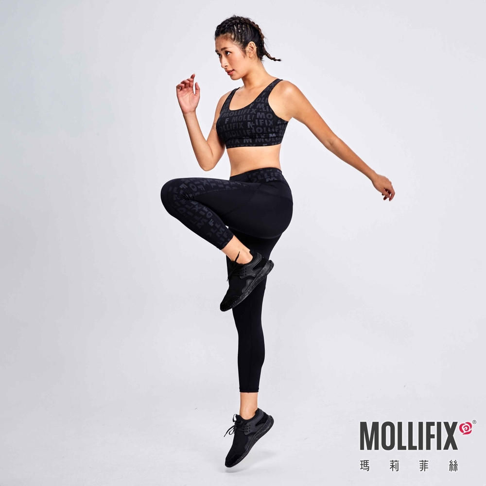 Mollifix 瑪莉菲絲 滿版logo拼接修飾動塑褲、瑜珈服、Legging (黑)