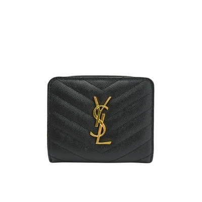 Ysl Monogram 牛皮金釦拉鍊短夾(668288-黑)