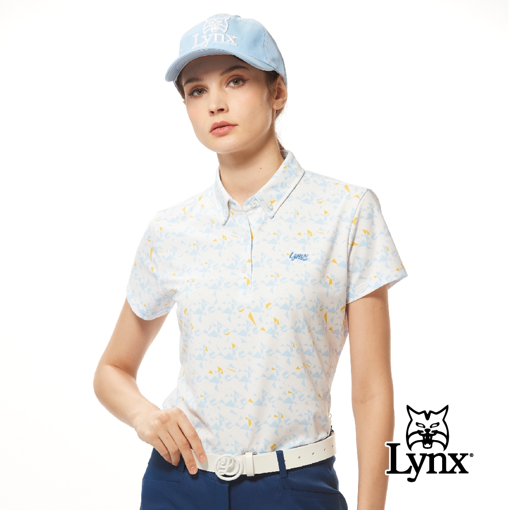 【Lynx Golf】女款吸溼排汗機能滿版配色造型Lynx字樣繡花領尖扣短袖POLO衫/高爾夫球衫-白色