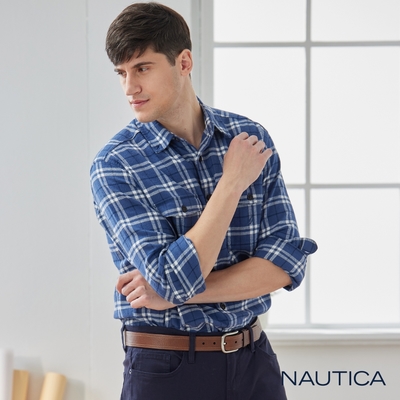 Nautica 男裝 百搭休閒格紋長袖襯衫-深藍