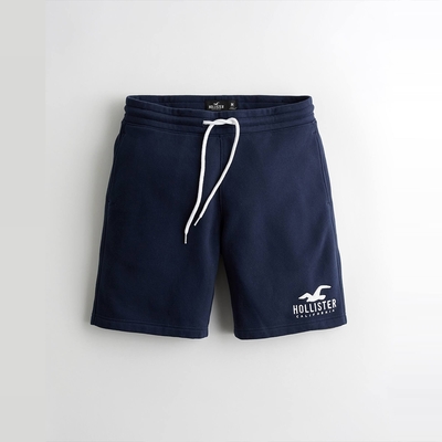 Hollister 經典刺繡文字海鷗棉短褲-深藍色