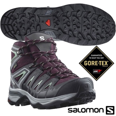 索羅門 SALOMON 女 X Ultra Pioneer Mid GTX 防水透氣耐磨中筒登山鞋_酒紅/灰/綠