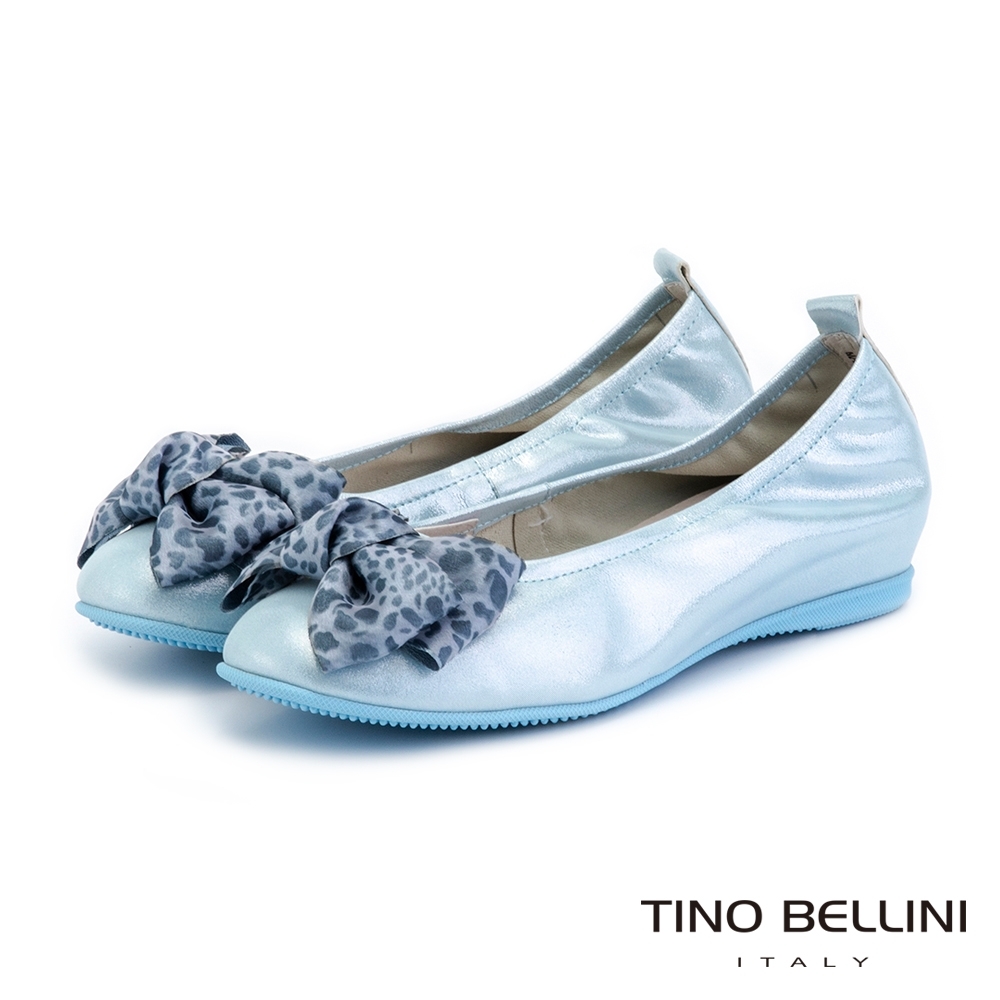 Tino Bellini珍珠光感豹紋蝴蝶結內增高平底鞋_藍