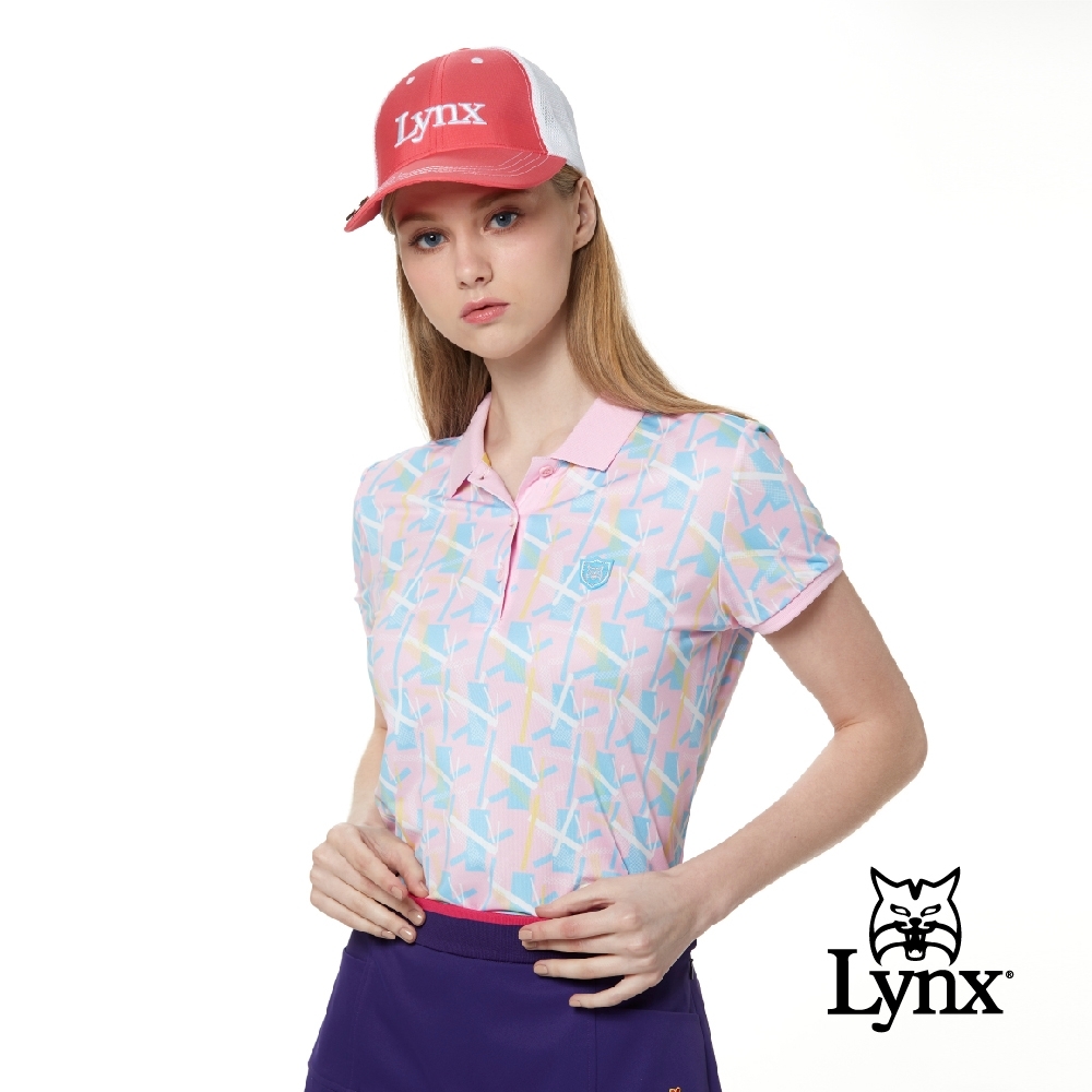 【Lynx Golf】女款吸汗速乾羅紋領活潑塗鴉印花短袖POLO衫-粉色