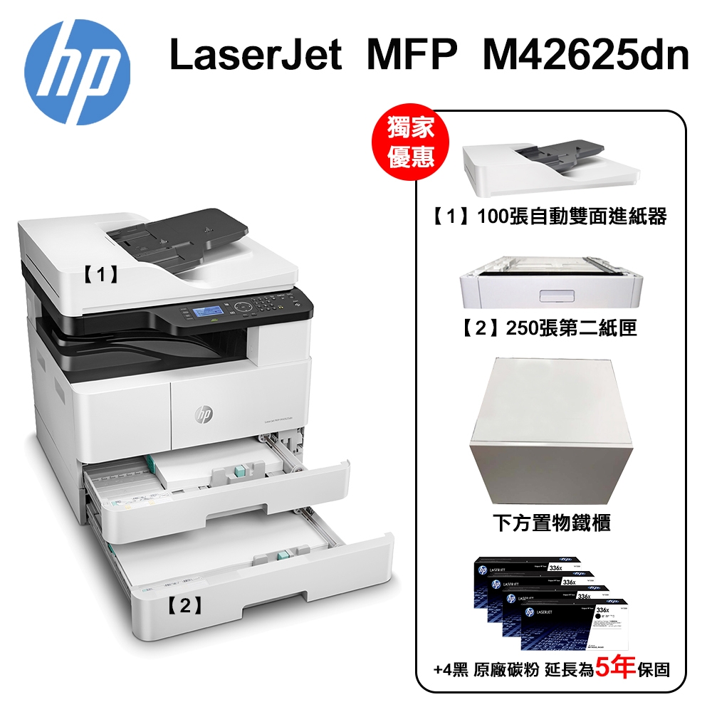 【HP 惠普】MFP M42625dn A3商用 黑白雷射多功能事務機+第二紙匣+ADF連續進紙器《四支碳粉+五年保固》專人到府安裝