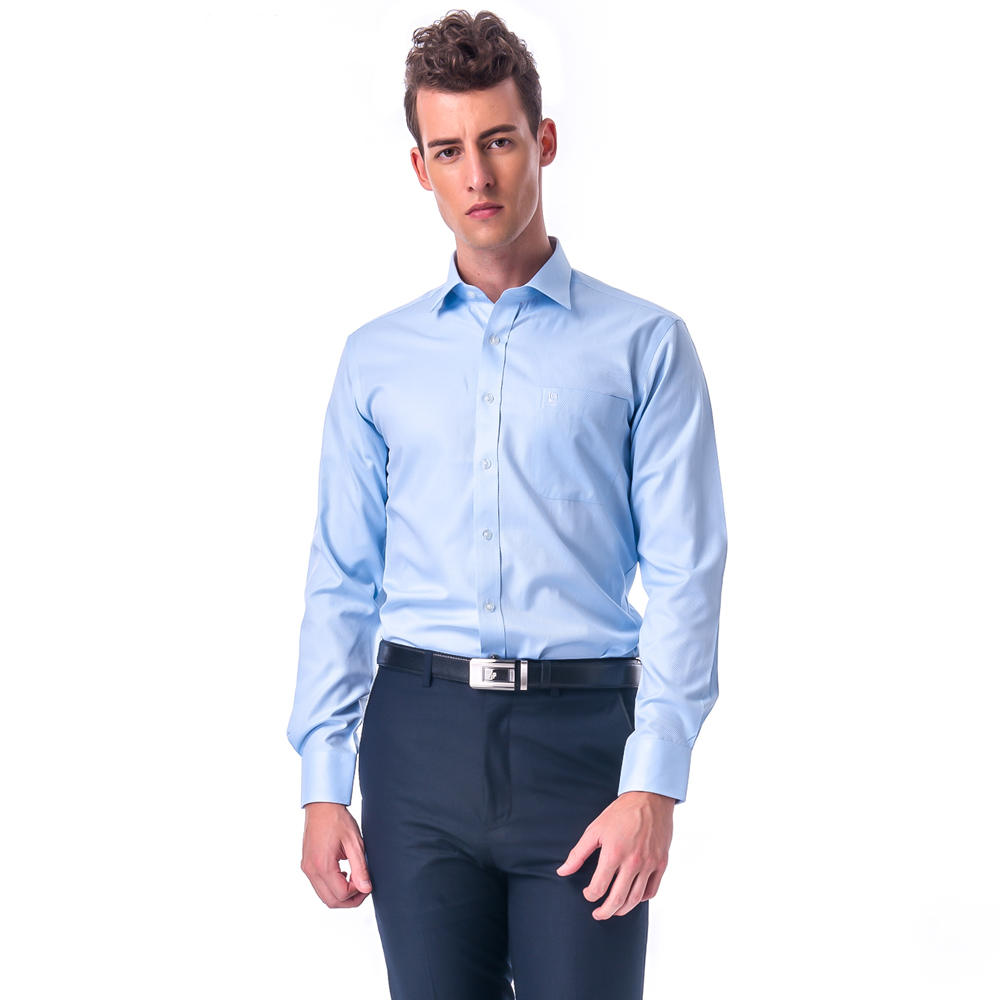 金安德森 藍色斜紋窄版長袖襯衫