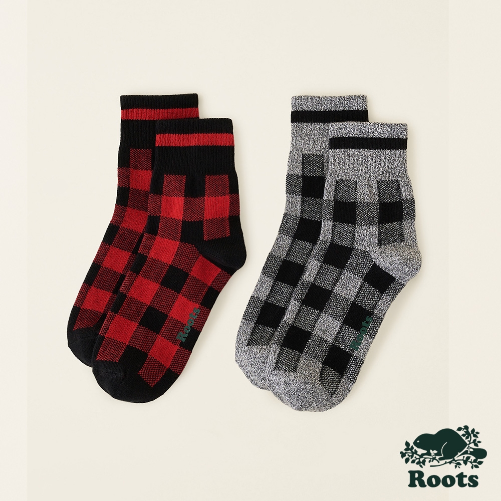 Roots配件-經典小木屋系列 格紋元素舒適踝襪(2入組)-紅色