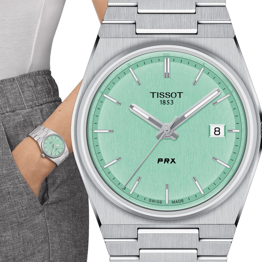 TISSOT 天梭 官方授權 PRX 40 205 復古新浪潮時尚腕錶-T1372101109100/薄荷綠色