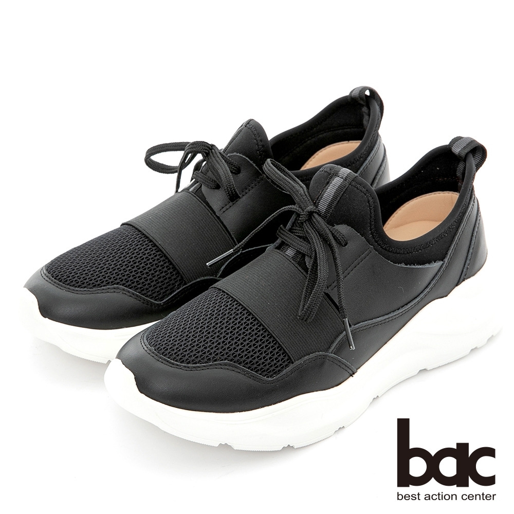 【bac】拼色異材質綁鞋帶休閒鞋-黑色