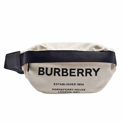 BURBERRY 巴寶莉 經典HORSEFERRY品牌LOGO帆布拉鍊腰包(黑/白色-展示品)