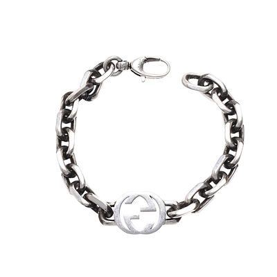 GUCCI 經典INTERLOCKING G LOGO仿舊925純銀粗手鍊(銀色)