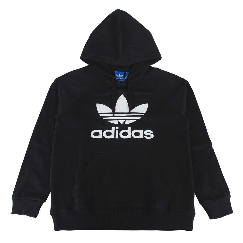 adidas 大三葉草LOGO設計棉質混紡長袖帽T(男款/黑x白)