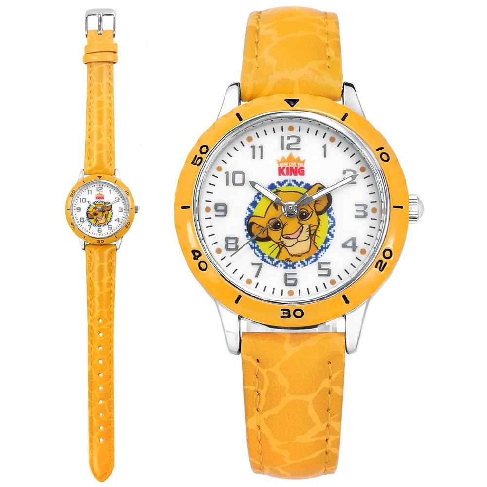 Disney 迪士尼 獅子王 辛巴面板 兒童錶 卡通錶 紋路皮革手錶-白x芥黃/32mm