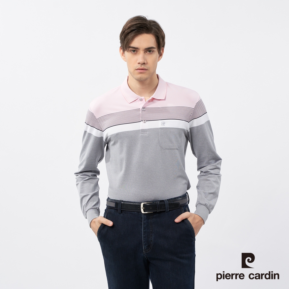 Pierre Cardin皮爾卡登 男款 吸濕排汗定位橫條長袖POLO衫-粉色(5235251-75)