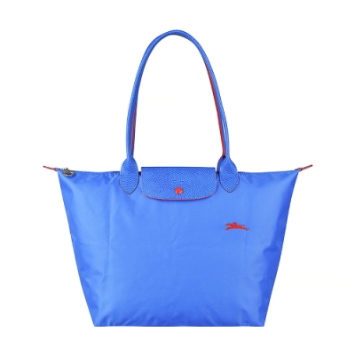 LONGCHAMP COLLECTION刺繡LOGO尼龍摺疊款長把拉鍊肩背包(大/藍紫x紅