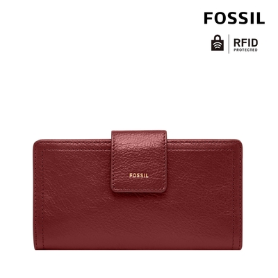 FOSSIL Logan 真皮扣式RFID防盜中長夾-紅絲絨色 SL7830627