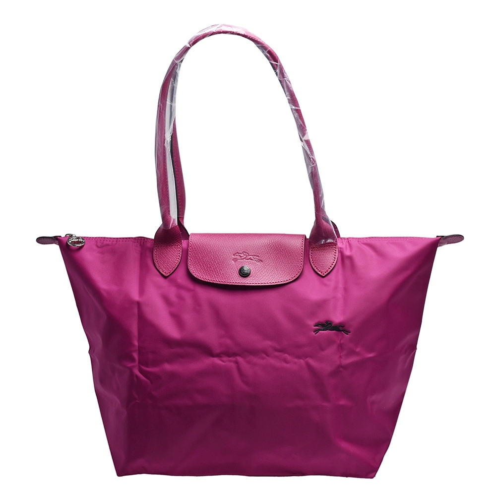 LONGCHAMP 經典LE PLIAGE系列刺繡摺疊暗釦/拉鍊長提把尼龍水餃包(大-桃紫色)