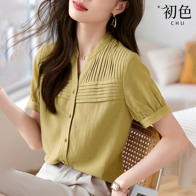 初色 開領壓折重工質感純色肌理感輕薄短袖襯衫上衣-黃綠色-70101(M-2XL可選)