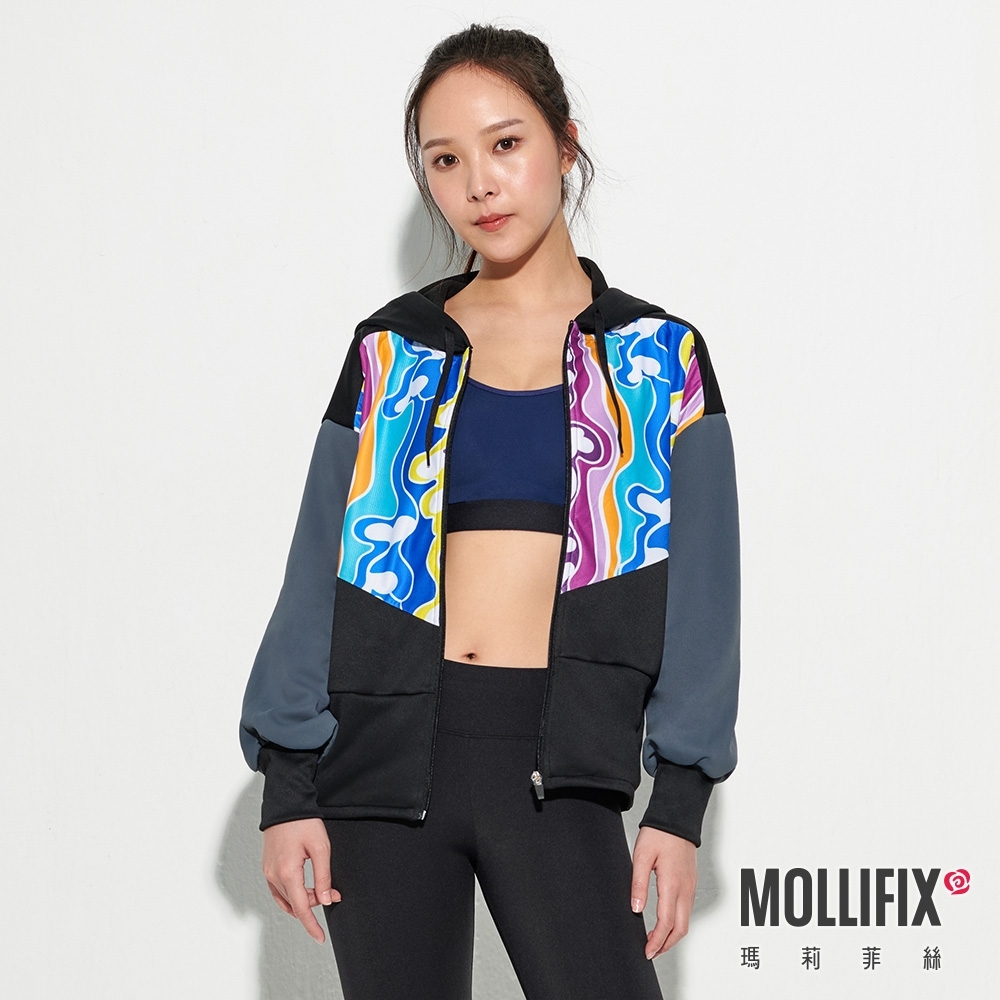 Mollifix 瑪莉菲絲 潮流拼接印花連帽外套 (黑+藍)