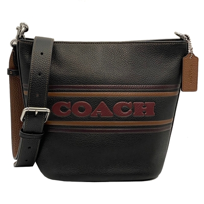 COACH 字母LOGO牛皮斜背水桶包(黑)