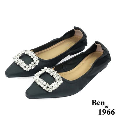 Ben&1966高級絲綢羊皮大方水鑽尖頭包鞋-黑(236371)