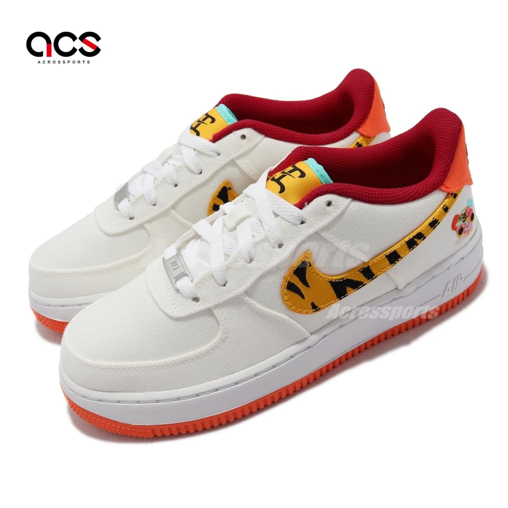 Nike 休閒鞋 Air Force 1 LV8 GS 女鞋 經典款 帆布 虎紋 中國新年 大童 白 橘 DQ4502171