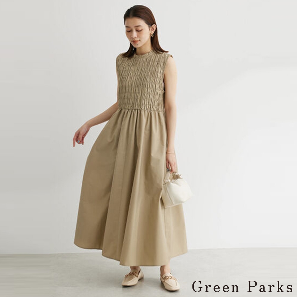 Green Parks  褶皺剪裁拼接無袖洋裝