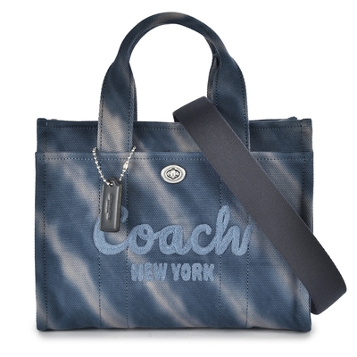 COACH 專櫃款 CARGO 26 草寫LOGO 紮染帆布手提/斜背兩用托特包-午夜藍