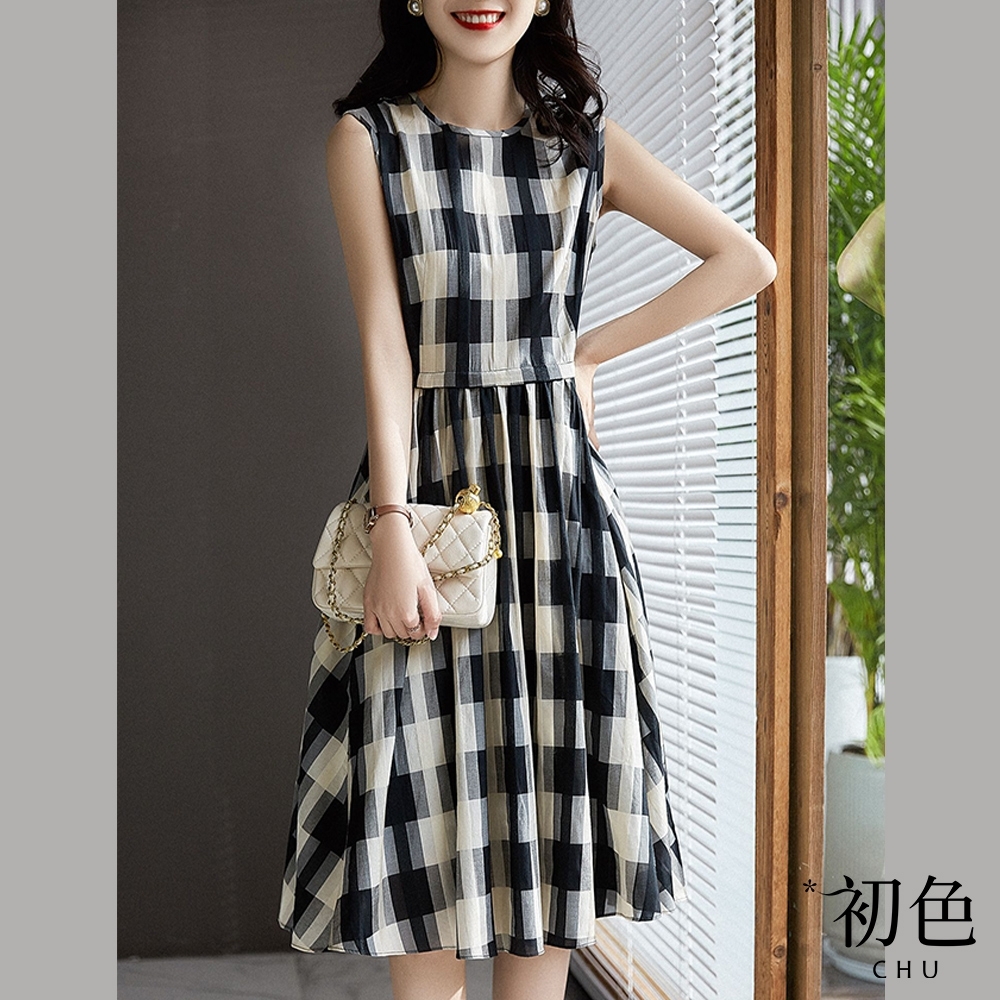 初色 立體腰線撞色格紋無袖連身洋裝背心連衣裙-黑色-68838(M-2XL可選)