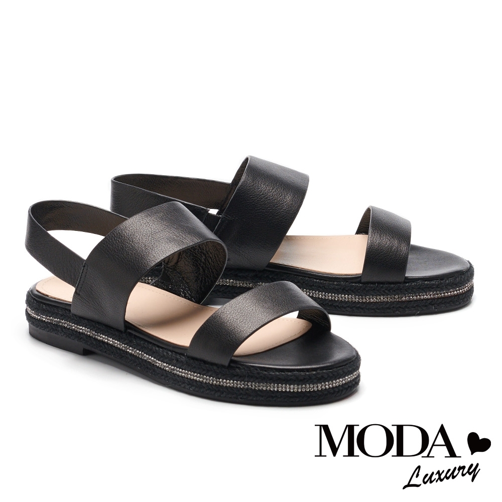 (小白鞋推薦)涼鞋 MODA Luxury 簡潔亮麗水鑽編織條造型牛皮厚底涼鞋－黑