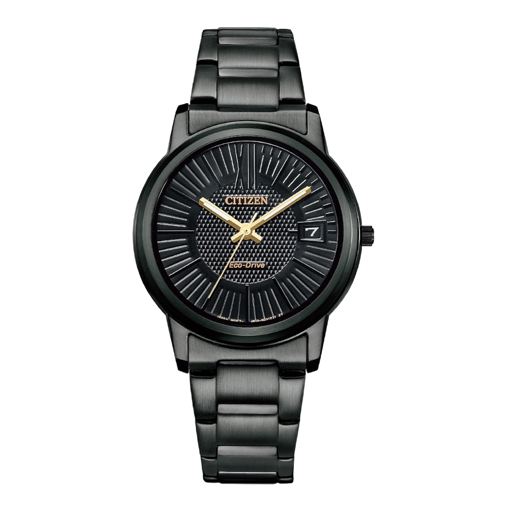 CITIZEN 概念躍動光動能日期女錶-黑X金-FE6017-85E-33.3mm