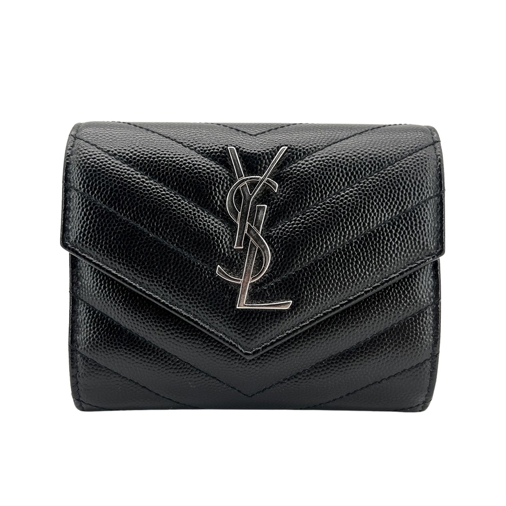 二手品 YSL 粒紋牛皮三折釦式短夾(403943-黑)