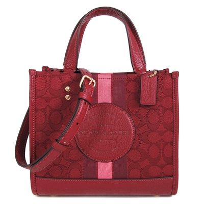 COACH DEMPSEY 蘋果紅色緹花LOGO皮革大圓標TOTE 22紙袋兩用包(展示品)