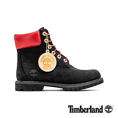 Timberland 女款黑色磨砂革圖騰紅領經典6吋靴|A243F