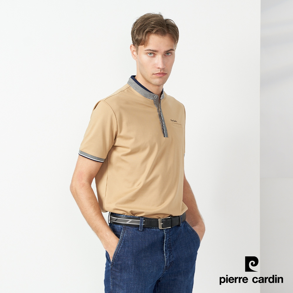 Pierre Cardin皮爾卡登 男款 素色小立領短袖polo衫-卡其色(5237213-85)