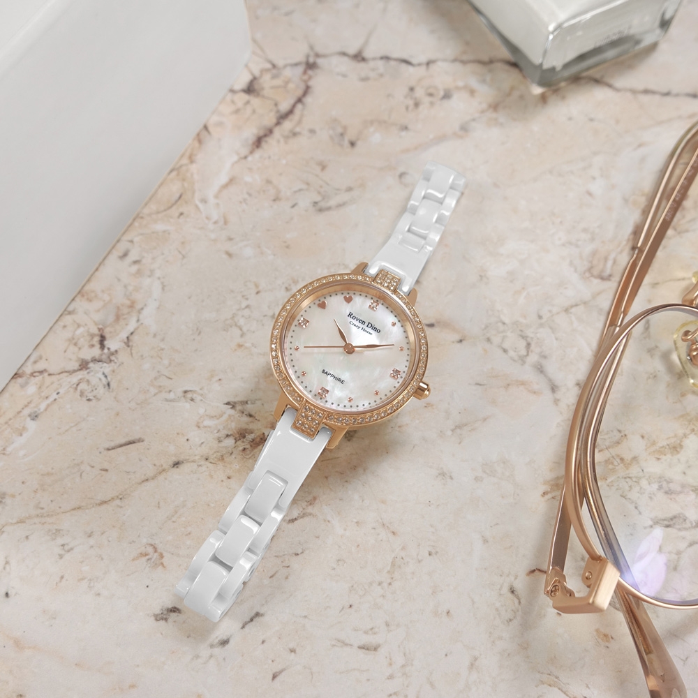 羅梵迪諾 Roven Din / 珍珠母貝 閃耀晶鑽 陶瓷手錶-白x玫瑰金框/28mm