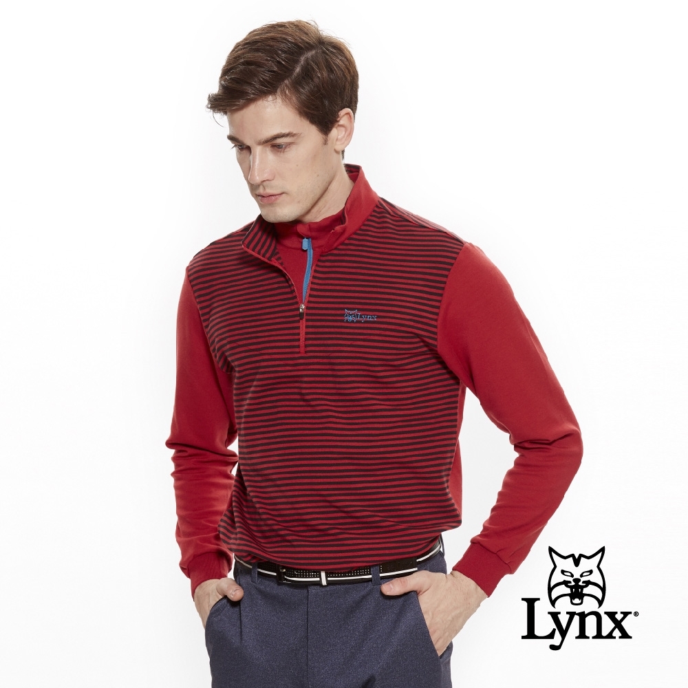 【Lynx Golf】男款日本東洋紡假兩件式條紋長袖立領POLO衫-紅色