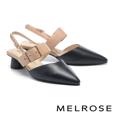 低跟鞋 MELROSE 美樂斯 簡約日常羊皮後繫帶尖頭低跟鞋－黑