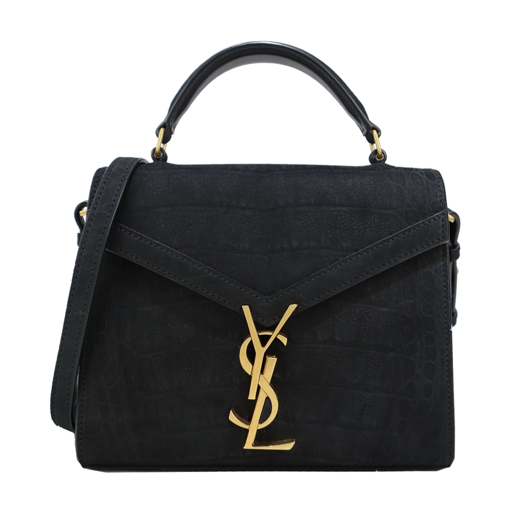 YSL Saint Laurent Cassandre鱷魚壓紋皮革手提/斜背兩用包(黑/金)