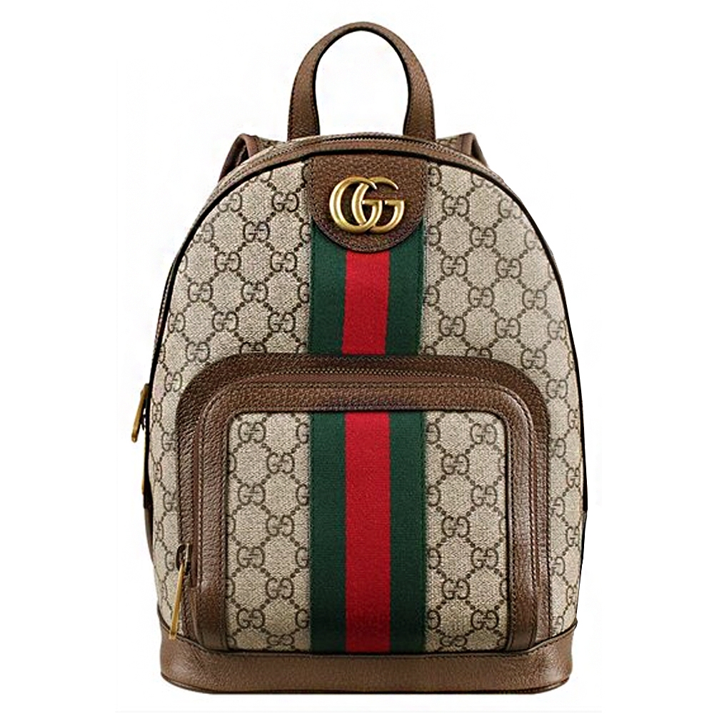 【GUCCI 古馳】 547965 經典Ophidia綠紅綠GG印花帆布牛皮飾邊手提/後背包(棕色)