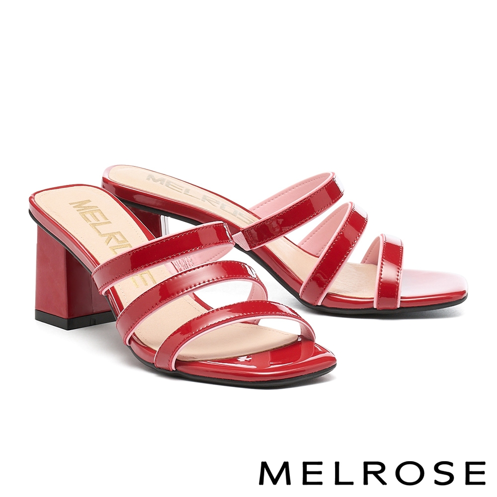 拖鞋 MELROSE 美樂斯 俐落多條帶造型亮牛漆皮方頭高跟拖鞋－紅